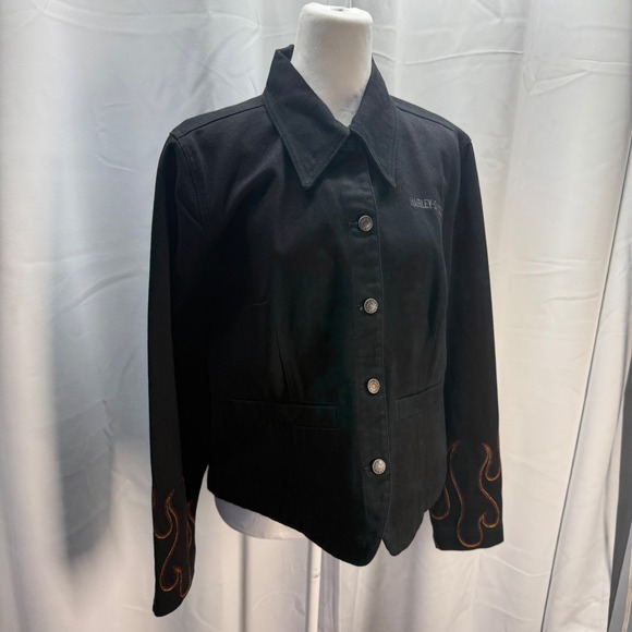 Vintage Harley Davidson Jean Jacket Black Denim Moto Embroidered Flames Size L - Picture 4 of 10